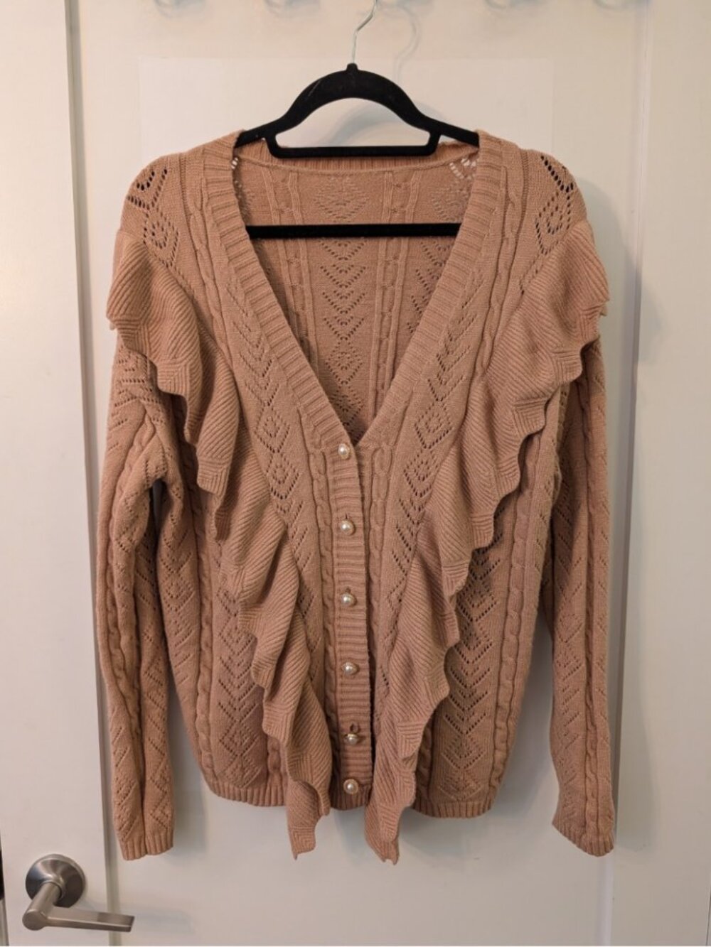 Camel Pointelle Cable Knit Ruffle Front Cardigan Pearl Buttons XL Cottagecore